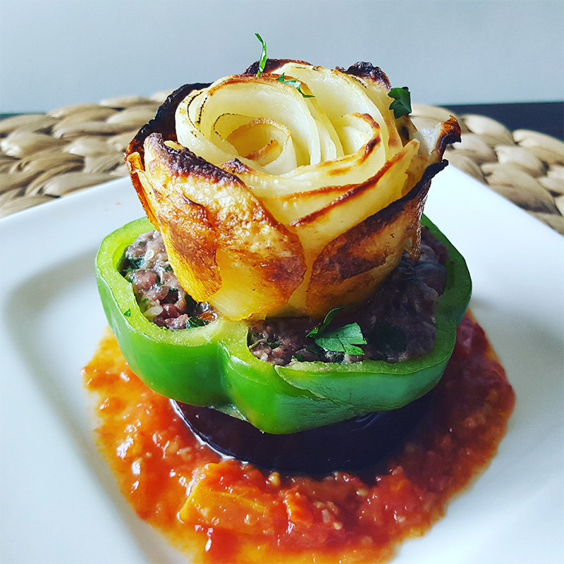 Kafta, Pepper and Eggplant Stacker