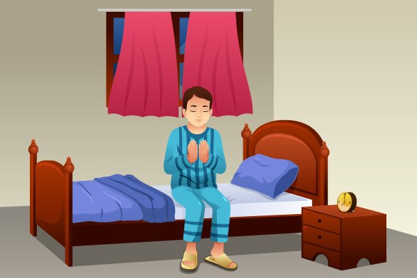 صورة كرتونية لطفل يقرأ الأدعية قبل النوم 