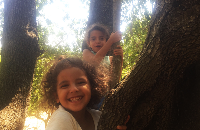 two girls hanging on the tree and playing outside