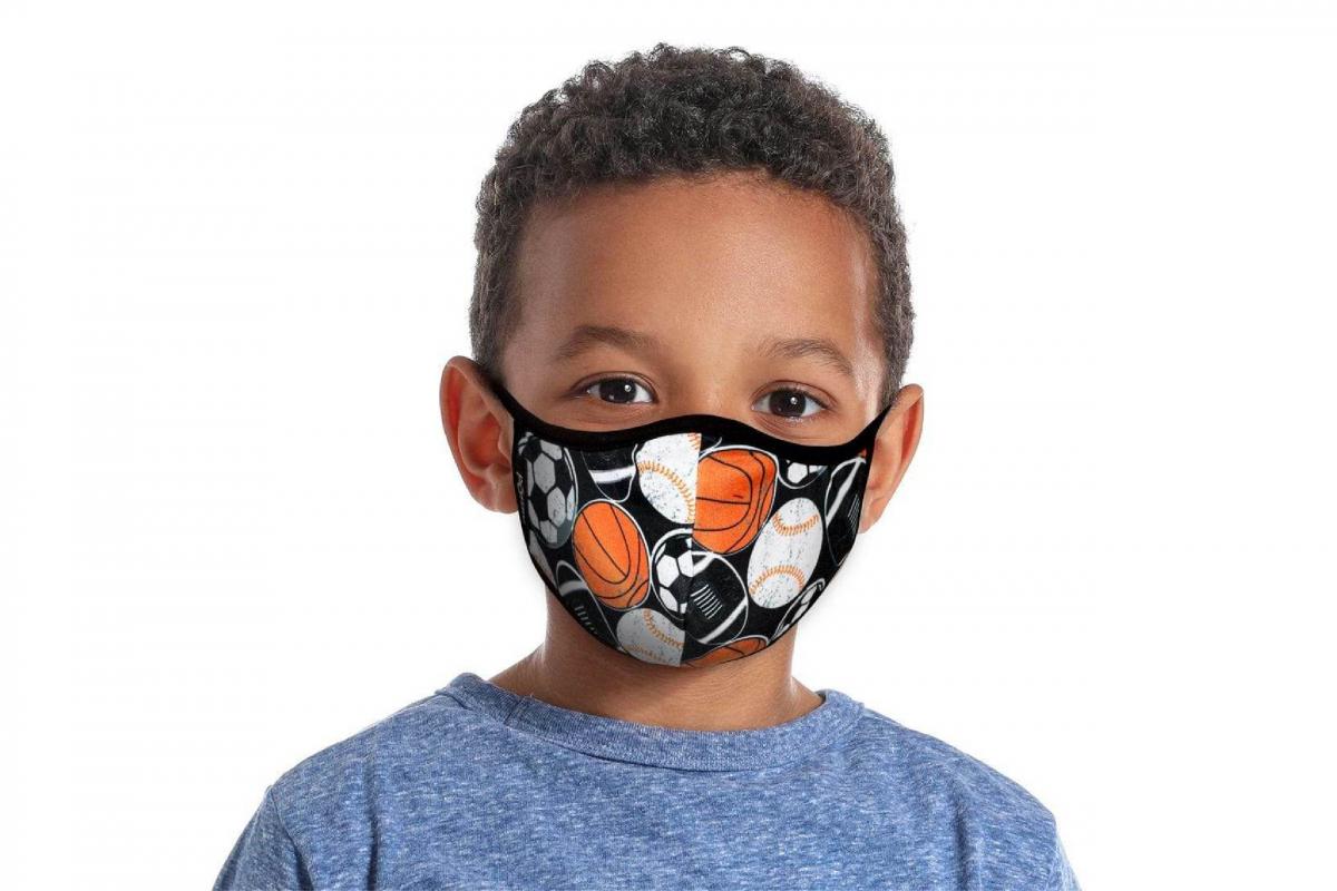 a kid wearing colorful face mask