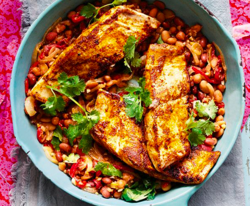 Chermoula kingfish with Moroccan beans